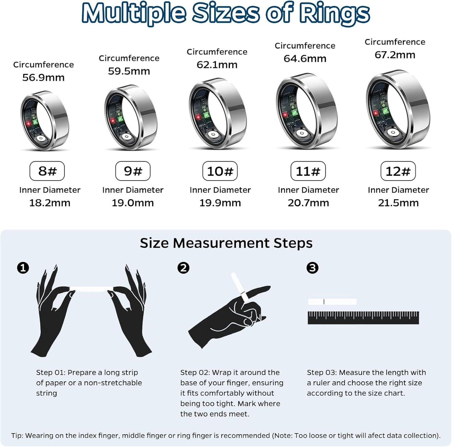 Advanced Sleep Tracker Ring - Waterproof Fitness Monitor with Heart Rate, Activity Tracking, Air Gestures, 7-Day Battery Life, Compatible with iOS & Android (Silver, Size #12)