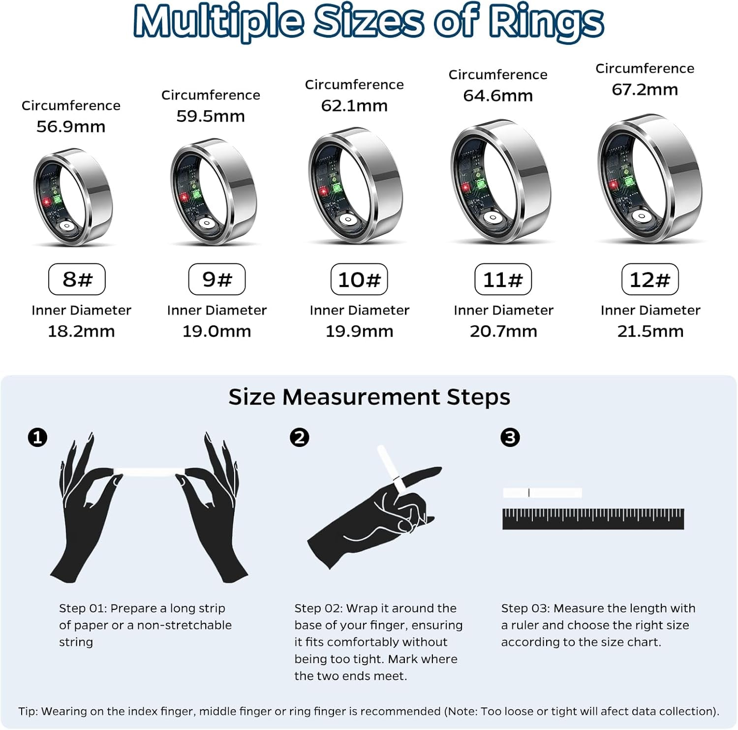 Advanced Sleep Tracker Ring - Waterproof Fitness Monitor with Heart Rate, Activity Tracking, Air Gestures, 7-Day Battery Life, Compatible with iOS & Android (Silver, Size #12)