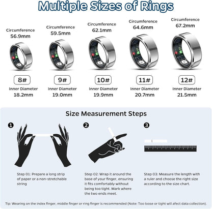 Advanced Sleep Tracker Ring - Waterproof Fitness Monitor with Heart Rate, Activity Tracking, Air Gestures, 7-Day Battery Life, Compatible with iOS & Android (Silver, Size #12)