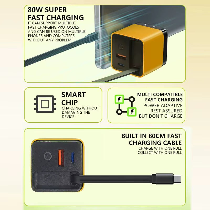 80W MAX 3-in-1 Retractable Gan Charger - Fast Charging Block with Type-C Cable & 2 USB Ports - Portable Mobile Phone Adapter