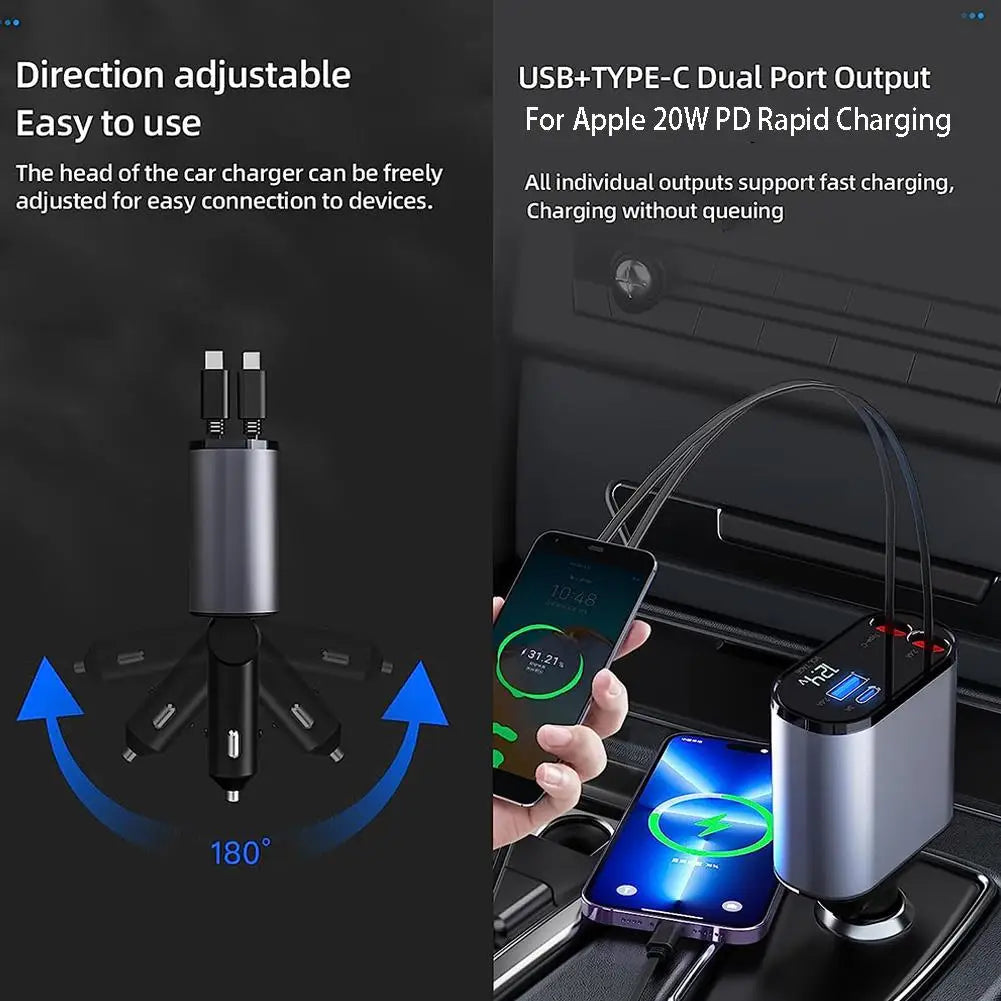 100W 4-in-1 Retractable Car Charger with USB Type C Cable - Fast Charging for iPhone & Cigarette Lighter Adapter