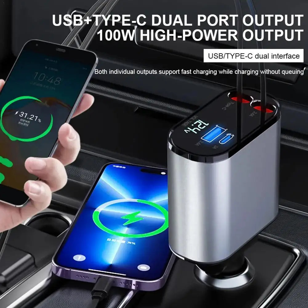 100W 4-in-1 Retractable Car Charger with USB Type C Cable - Fast Charging for iPhone & Cigarette Lighter Adapter