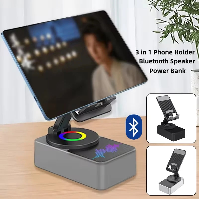 3-in-1 Portable Bluetooth Speaker & Phone Holder with 360° Rotation and Power Bank for iPad & Mobile Devices