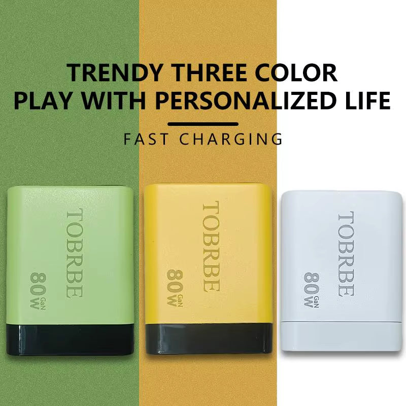80W MAX 3-in-1 Retractable Gan Charger - Fast Charging Block with Type-C Cable & 2 USB Ports - Portable Mobile Phone Adapter