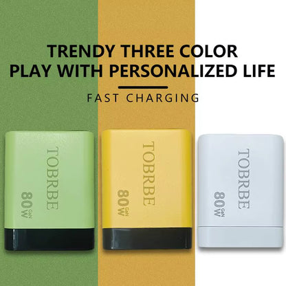 80W MAX 3-in-1 Retractable Gan Charger - Fast Charging Block with Type-C Cable & 2 USB Ports - Portable Mobile Phone Adapter