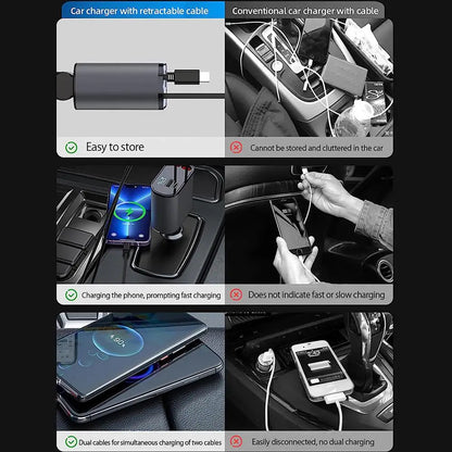 100W 4-in-1 Retractable Car Charger with USB Type C Cable - Fast Charging for iPhone & Cigarette Lighter Adapter