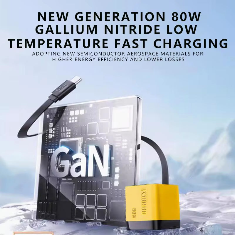 80W MAX 3-in-1 Retractable Gan Charger - Fast Charging Block with Type-C Cable & 2 USB Ports - Portable Mobile Phone Adapter