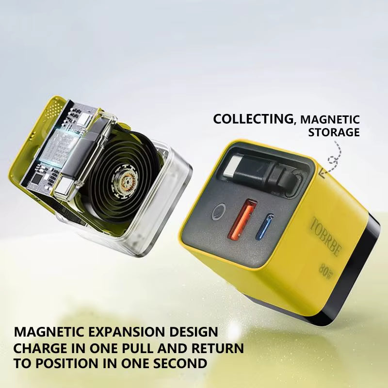 80W MAX 3-in-1 Retractable Gan Charger - Fast Charging Block with Type-C Cable & 2 USB Ports - Portable Mobile Phone Adapter
