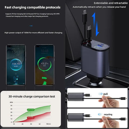 100W 4-in-1 Retractable Car Charger with USB Type C Cable - Fast Charging for iPhone & Cigarette Lighter Adapter