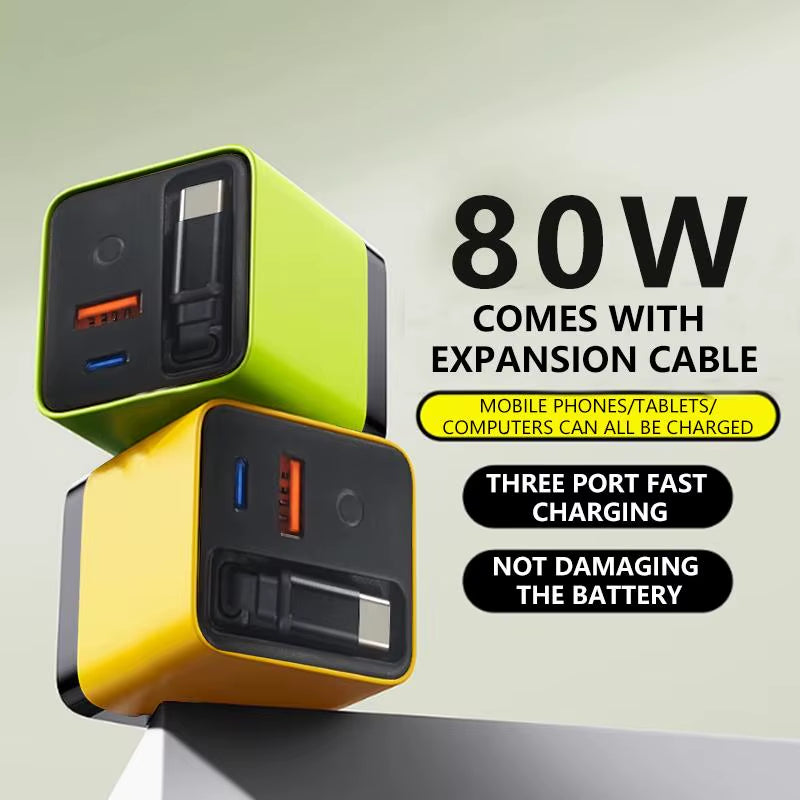 80W MAX 3-in-1 Retractable Gan Charger - Fast Charging Block with Type-C Cable & 2 USB Ports - Portable Mobile Phone Adapter