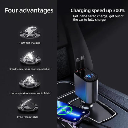 100W 4-in-1 Retractable Car Charger with USB Type C Cable - Fast Charging for iPhone & Cigarette Lighter Adapter
