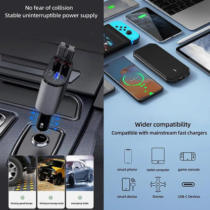 100W 4-in-1 Retractable Car Charger with USB Type C Cable - Fast Charging for iPhone & Cigarette Lighter Adapter