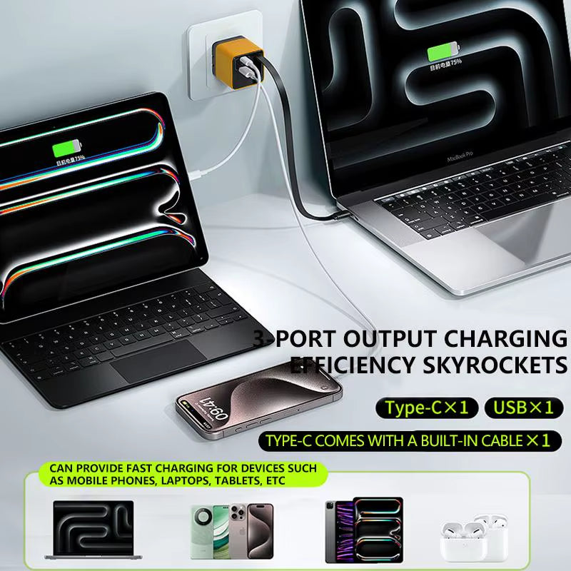 80W MAX 3-in-1 Retractable Gan Charger - Fast Charging Block with Type-C Cable & 2 USB Ports - Portable Mobile Phone Adapter