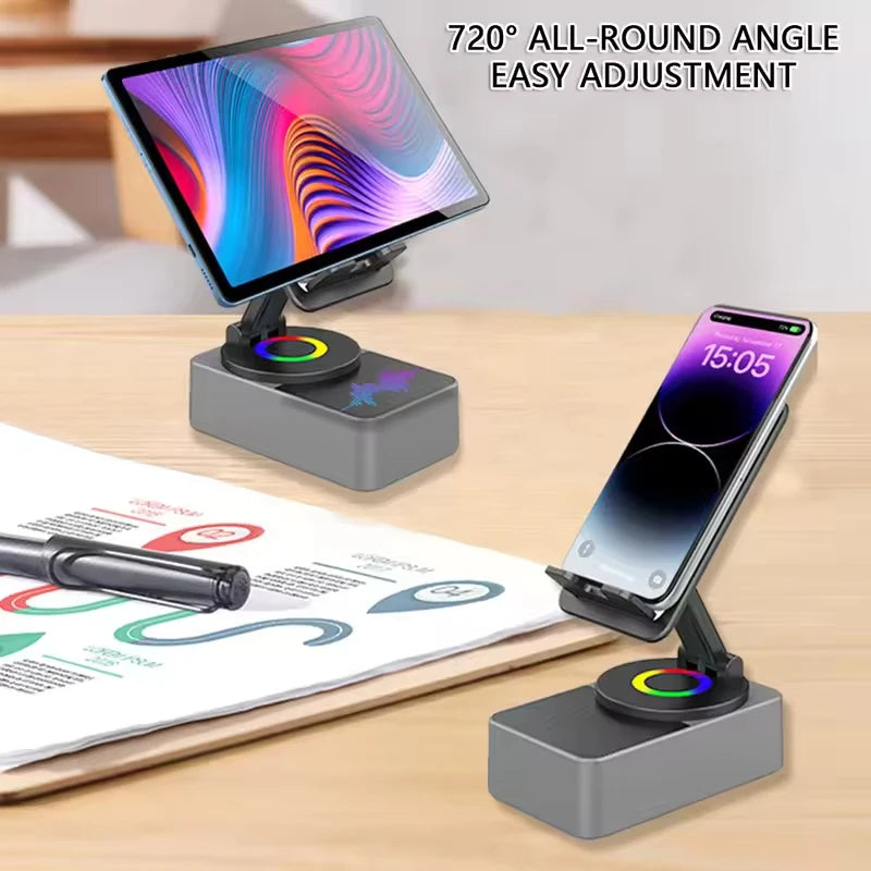 3-in-1 Portable Bluetooth Speaker & Phone Holder with 360° Rotation and Power Bank for iPad & Mobile Devices
